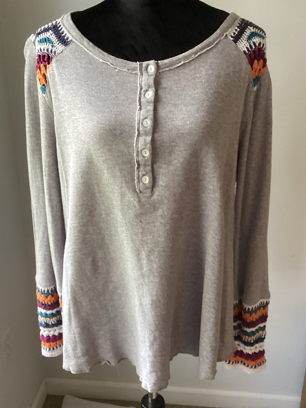 Sundance Light Gray Henley with Multicolor Crochet Trim